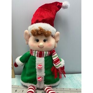 Adorable Christmas Elf Plush‎ Toy Green Coat Red Hat Striped Scarf Festive Decor